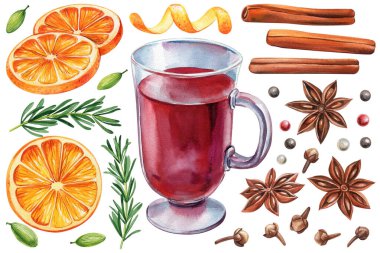 Portakal dilimleri, tarçın, yıldız anason, karanfil, şenlikli Noel baharatları, bayram içeceği kompozisyonu ile sıcak şarap sulu boya seti. Yüksek kaliteli illüstrasyon