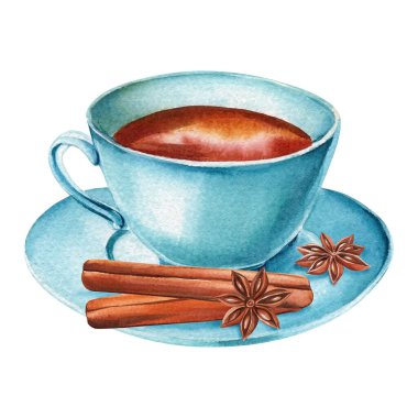 Suluboya ile çizilmiş izole bir arkaplanda mavi fincan ve çay tabağı. Kartpostal tasarımı için çizilmiş mavi çay fincanı. Yüksek kalite fotoğraf