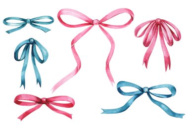 Beyaz arka planda izole edilmiş pembe ve mavi fiyonklar, el boyaması kurdeleler, şirin ve dekoratif. Yüksek kaliteli illüstrasyon