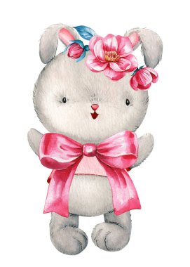 Şirin tavşan, pembe fiyonklu suluboya tavşan, elle boyanmış suluboya tavşan çizimi, şenlikli süslemeler. Yüksek kaliteli illüstrasyon