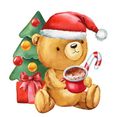 Noel Baba şapkalı oyuncak ayı ve kırmızı kupa sıcak çikolata, hediyeli suluboya oyuncak ayı, Noel ağacı, şeker kamışı. Yüksek kaliteli illüstrasyon