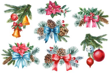 Kırmızı yay ve böğürtlenli suluboya çam kozalağı düzenlemesi, bayram dekorasyonu, kış botanik çizimi, izole bir klişe. Yüksek kaliteli illüstrasyon