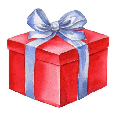 Suluboya şenlik kırmızı hediye kutusu dekorasyonu izole tatil dekorasyonu, doğum günü hediyesi sürprizi. Yüksek kaliteli illüstrasyon