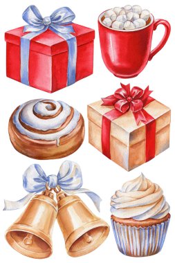 İzole edilmiş beyaz arka planda suluboya elementler. Kırmızı hediye, tarçınlı çörek, çan, kek ve kakao. Yüksek kaliteli illüstrasyon