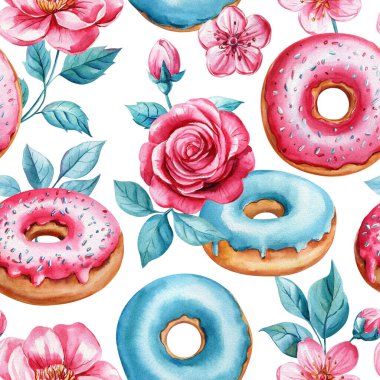 Tatlı, pürüzsüz donut deseni, pembe güller. Sevgililer Günü için suluboya resimleme. Arka plan klibini seviyorum. Yüksek kaliteli illüstrasyon