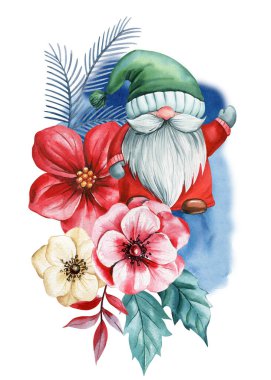 Kış cücesi, mavi çiçek, kırmızı noktalı yıldız, yeşil çam dalı. Tatil suluboya Noel cücesi tasarım için, kartpostal. Yüksek kaliteli illüstrasyon