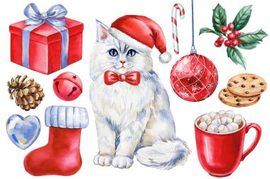 Suluboya Noel çizimi. Noel Baba şapkalı şirin kedi, şenlikli dekorasyonlar, lolipop, kurabiye, kozalak ve çoban püskülü. Yüksek kaliteli illüstrasyon