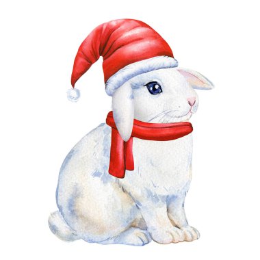 Noel Baba 'nın kırmızı şapkası ve atkısı içinde şirin bir kış tavşanı. Tatil tavşanı çizimi. Noel illüstrasyonu. Kış yavru hayvanı. Yüksek kaliteli illüstrasyon