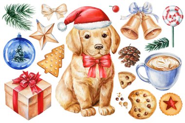 Noel köpeği, Noel Baba şapkalı köpek yavrusu kırmızı kurdeleli, çam ağacından dalları hediye kutusu, çanlar, süsler ve kahveyle çevrili. Yüksek kaliteli illüstrasyon