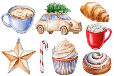 Kahveli suluboya Noel seti, çörekler, kruvasan, tarçınlı çörek, şeker kamışı, ağaçlı araba, yıldız süsü, şenlikli yiyecek ve süslemeler. Yüksek kaliteli illüstrasyon