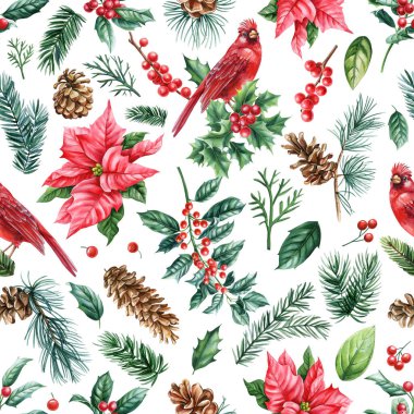 Kırmızı kardinal kuşları, çobanpüskülü, kozalaklar, Noel 'in pürüzsüz desenleri, kış tatili tasarımı, şenlikli arka plan. Yüksek kaliteli illüstrasyon