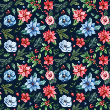 Kusursuz Noel tasarımı, suluboya çiçekler, böğürtlen dalları. Bayram şenlikli çiçek deseni. Karanlık arka plan. Yüksek kaliteli illüstrasyon