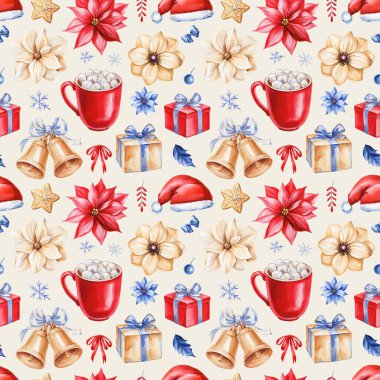 Bayram tasarımı için kırmızı kahve fincanı şekerlemeleri, çanlar, hediyeler ve çiçeklerle dolu Holliday suluboya deseni. Yüksek kaliteli illüstrasyon