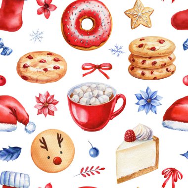 Şenliksiz şenlikler, suluboya resimli tatlılar kahve, cheesecake, kurabiyeler Noel Baba şapkası, kar taneleri bayram süslemeleri. Yüksek kaliteli illüstrasyon