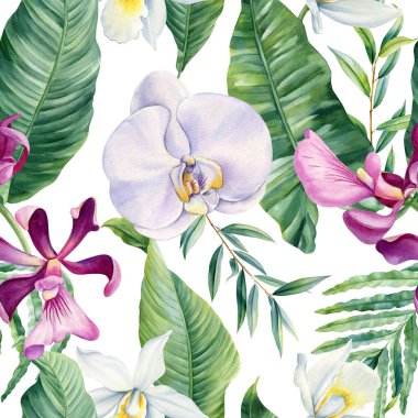 Kusursuz çiçek desenli orkide çiçekleri tropik yeşillik, suluboya botanik tasarım tekstil, ambalaj kağıdı baskısı. Yüksek kaliteli illüstrasyon