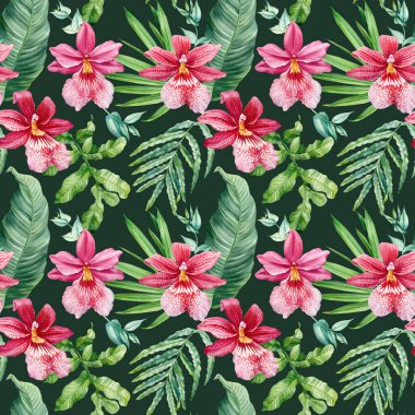 Orkide çiçekleri ve tropikal yapraklarla kusursuz desenler, iç dekorasyon için suluboya botanik desenler, baskılar ve tekstil. Yüksek kaliteli illüstrasyon