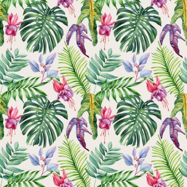 Titreşimsiz tropik desenli çiçekler ve yapraklar, elle boyanmış egzotik suluboya botanik tasarım kumaş, duvar kağıdı. Yüksek kaliteli illüstrasyon
