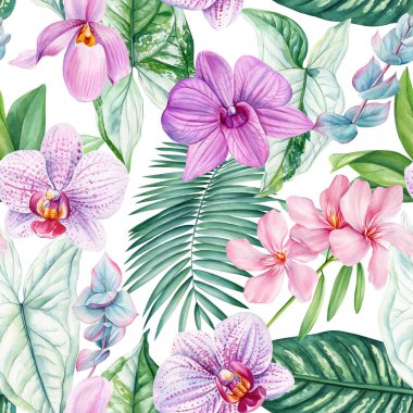 Bereketli, pürüzsüz tropikal çiçekler, yeşillik, canlı el boyası, kumaş ve duvar kağıdı için botanik tasarımı. Yüksek kaliteli illüstrasyon