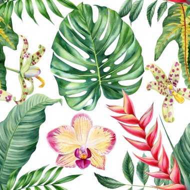 Kusursuz desen. Tropikal yapraklar, çiçekler, egzotik botanik suluboya tasarımı, el boyaması yeşillik çiçekleri. Yüksek kaliteli illüstrasyon