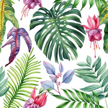 Titreşimsiz tropik desenli çiçekler ve yapraklar, elle boyanmış egzotik suluboya botanik tasarım kumaş, duvar kağıdı. Yüksek kaliteli illüstrasyon