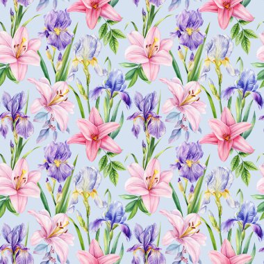 Yaz çiçeği. Kusursuz botanik desen. Pastel zambaklar, süsenler suluboya çiçekli resimler, tasarım düğün dekorasyonu. Yüksek kaliteli illüstrasyon