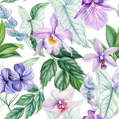 Orkide çiçekleri ve tropikal yapraklarla kusursuz desenler, iç dekorasyon için suluboya botanik desenler, baskılar ve tekstil. Yüksek kaliteli illüstrasyon