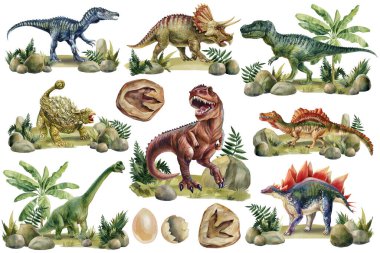 Beyaz arka planda izole edilmiş gerçekçi dinazor çizimi, el yapımı dinazor sanatı, klasik suluboya tarzı. Dinozorlar. Yüksek kaliteli illüstrasyon