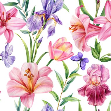 Pembe zambaklar, süsen çiçekleri, lale, menekşe kelebeği. Suluboya çiçekleri botanik tasarım, doğa geçmişi. Kusursuz çiçek deseni. Yüksek kaliteli illüstrasyon