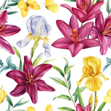 Koyu kırmızı zambaklı, sarı zambaklı, yeşil yapraklı, suluboya resimli, çiçek açan desenli tropikal desenli. Yüksek kaliteli illüstrasyon