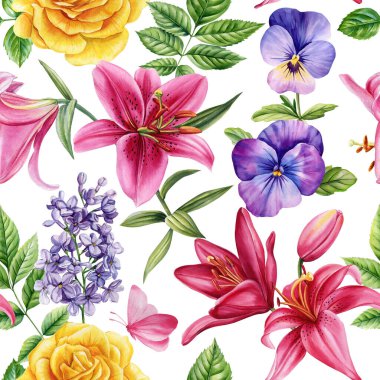 Kusursuz desenli sarı güller, kırmızı zambaklar, mor çiçekler, canlı suluboya çiçek dizaynı, bahar yaz teması. Yüksek kaliteli illüstrasyon