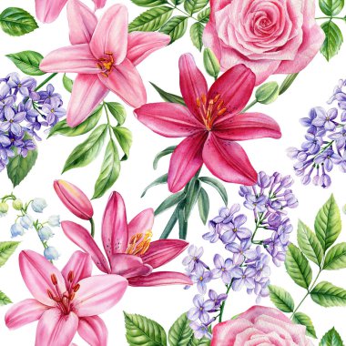 Pembe zambak ve şakayık desenli kusursuz çiçek deseni romantik suluboya çiçekleri, beyaz arka planda zarif botanik tasarımı. Yüksek kaliteli illüstrasyon