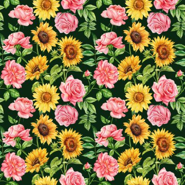 Kusursuz suluboya desenli sarı ayçiçekleri, yaz dekoru için pembe güller, baskılar, kumaşlar. Yüksek kaliteli illüstrasyon
