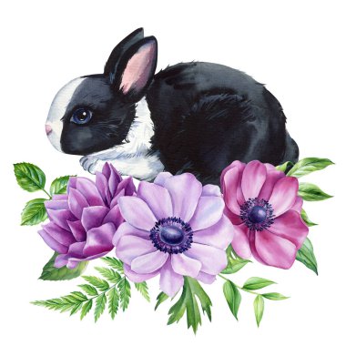 Suluboya siyah tavşan izole edilmiş. Tavşan, çiçekler. Bahar baskıları, kartlar, posterler. Sevimli bebek hayvan sanatı. Çocuklar tatlı rüyalar. Yüksek kaliteli illüstrasyon