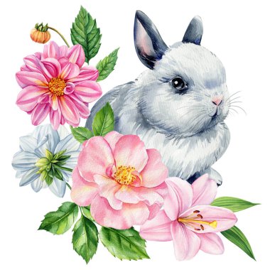 Gül çiçekleri, zambaklar ve yeşil yapraklı gri tavşancık. Suluboya resimli Paskalya bayramı tasarımı. Yüksek kaliteli illüstrasyon