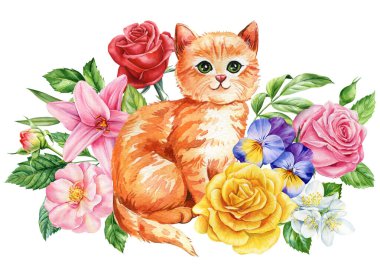 Çiçek aranjmanlı suluboya kediler. Güllü, nonoş ve zambaklı kedi resimleri dijital sanat için mükemmel. Yüksek kaliteli illüstrasyon