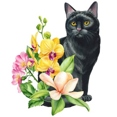  Sarı orkideli siyah kedi ev dekoru tebrik kartları ve hediyeler için zarif çiçek portresi yapıyor. Yüksek kaliteli illüstrasyon