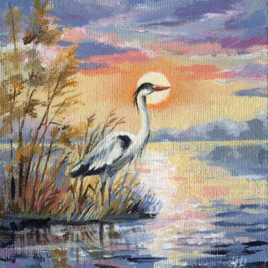 sunset over the lake with heron, tranquil water reflection, golden sky, evening landscape, acrylic wildlife painting, oil art. High quality illustration clipart