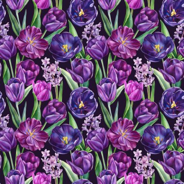 Laleli ve sümbüllü suluboya desenler, kumaş, duvar kağıdı, sanat baskısı için pürüzsüz mor çiçekler. Yüksek kaliteli illüstrasyon