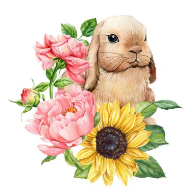 Tavşan ve bahar çiçekleri, yavru tavşan şakayık, ayçiçeği, gül. Suluboya el çizimi çizimi. Bir sürü sevimli hayvan. Yüksek kaliteli illüstrasyon