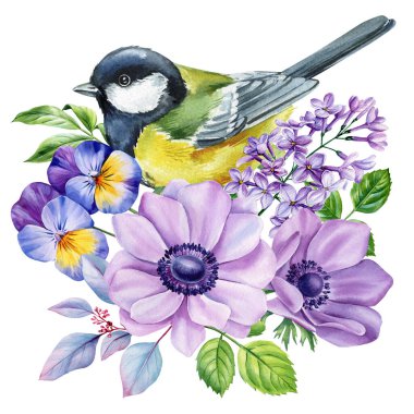 Bahar kuşları, çiçek açan suluboya el çizimi doğa kompozisyonu, tebrik kartı ve dekor için renkli vahşi yaşam çizimi. Yüksek kaliteli illüstrasyon