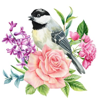 Çiçeklerle süslenmiş güzel bahar kuşları, bitki tasarımı için izole edilmiş beyaz botanik resimlere suluboya çizilmiş. Yüksek kaliteli illüstrasyon