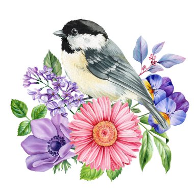 adorable bird with flowers, watercolor tit artwork, hand painted spring cute wildlife illustration, nature flora art. High quality illustration