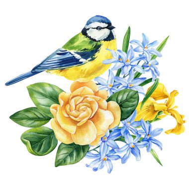 Çiçek açan dallara tünemiş el boyalı suluboya kuşlar, kır çiçekleri ve bahçe gülleriyle süslü çiçek desenleri. Yüksek kaliteli illüstrasyon