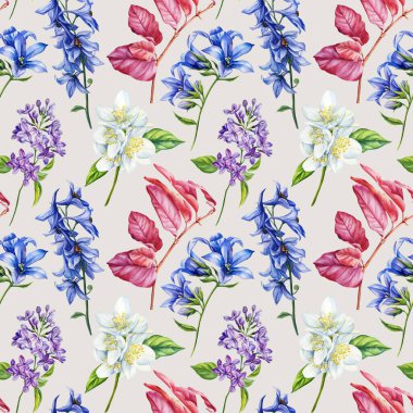 Suluboya El Boyalı Yabani Çiçekler, Güller, Leylaklar, Yasemin, çan çiçekleri. Botanik Çiçekleri Moda, Kumaş, Tekstil, Duvar Kağıdı için Zarif Tasarım