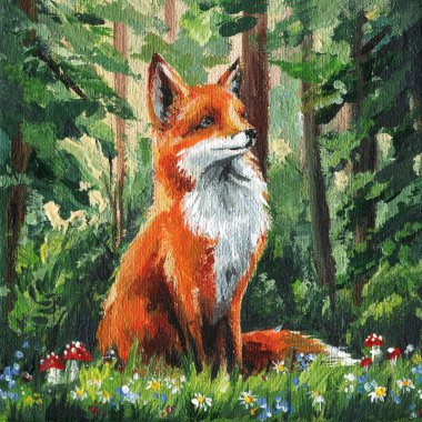 Orman sakini, şirin tilki. Akrilik tablo, iç mekan için güzel resim, doğal tasarım. Hayvan yağı boya bezi. Yüksek kaliteli illüstrasyon