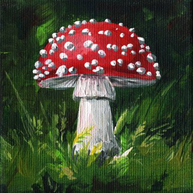 Yeşil arka planda agarik uçmak, doğal tasarım için orman akrilik resmi. Tuval üzerine kırmızı mantar yağı boyası. Yüksek kaliteli illüstrasyon