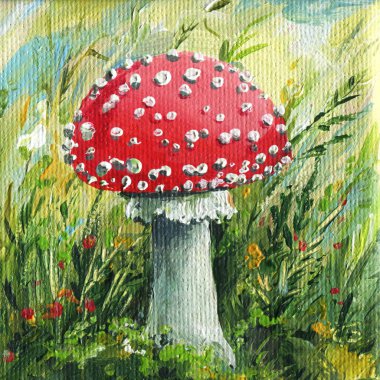 Orman mantarı agarik uçar. Akrilik tablo, iç mekan için güzel resim, doğal tasarım. Tuval üzerine yağlı boya boya. Yüksek kaliteli illüstrasyon