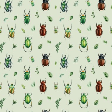 Böceklerin, böceklerin, yeşil yaprakların ve çiçeklerin sarma, tekstil ve duvar kağıdı için izole edilmiş arkaplanlarının olduğu suluboya desenleri. Yüksek kaliteli illüstrasyon