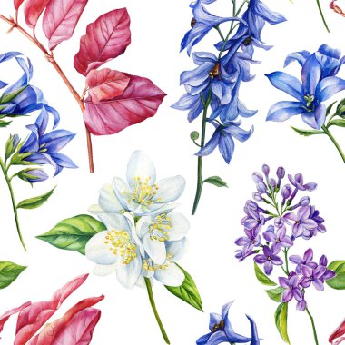 Suluboya El Boyalı Yabani Çiçekler, Güller, Leylaklar, Yasemin, çan çiçekleri. Botanik Çiçekleri Moda, Kumaş, Tekstil, Duvar Kağıdı için Zarif Tasarım