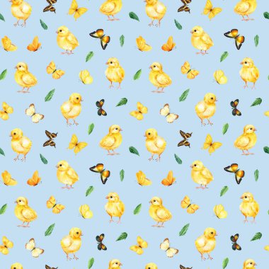 Sarı civcivler, kelebekler, bebek kumaşı, ambalaj, tekstil ve duvar kağıdı suluboya sanatı için yapraklar. Yüksek kaliteli illüstrasyon